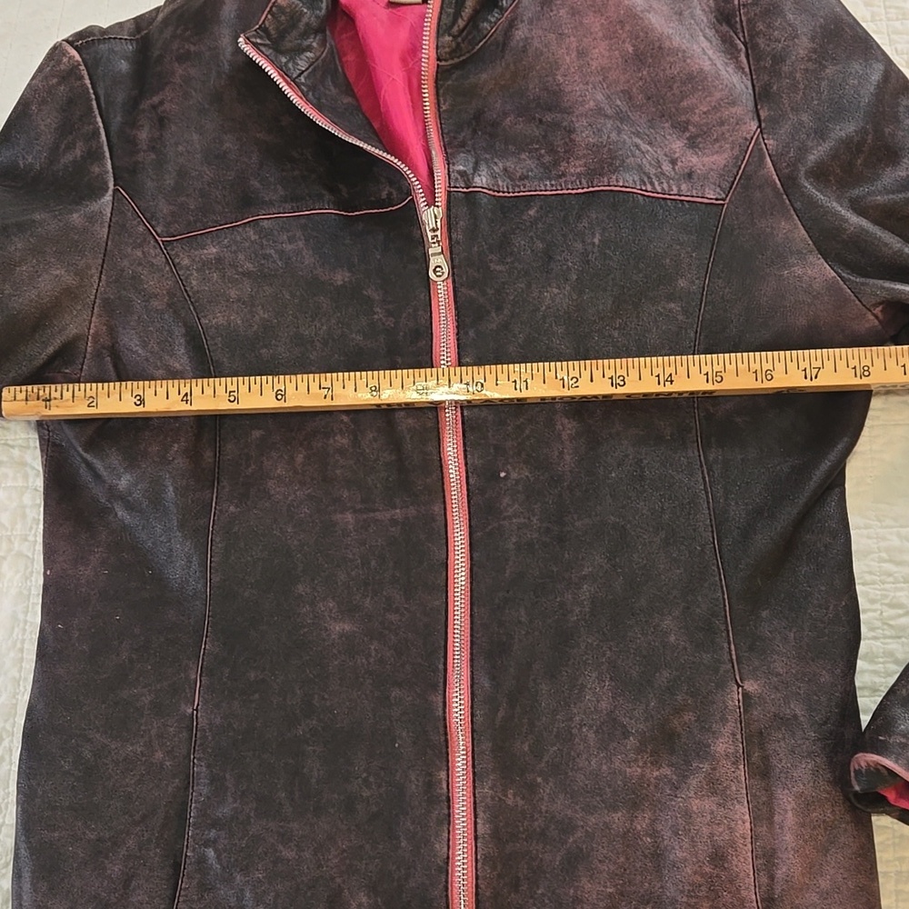 K OSS Womens Rasperry And Brown Distressed Leather Jacket Size Large - Picture 10 of 15